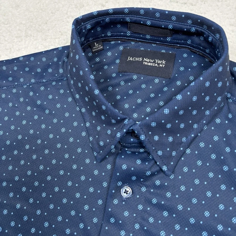 Jachs New York Button Shirt Mens L Blue Geometric Stretch Performance Short Slv